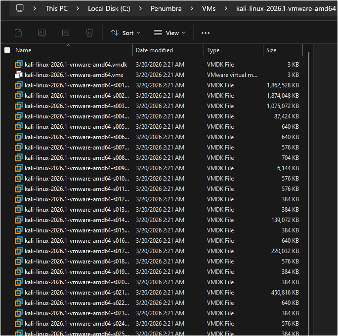 Windows Explorer showing the extracted Kali Linux VM folder contents inside C:\Penumbra\VMs\ including the .vmx file and associated VM files