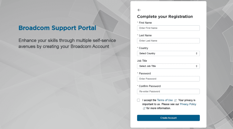 Broadcom account registration form with fields for name, password, and terms acceptance