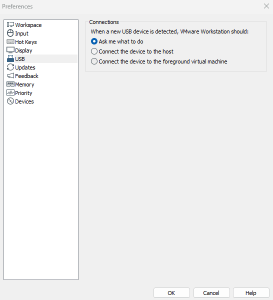 VMware Preferences USB tab showing device connection behavior options