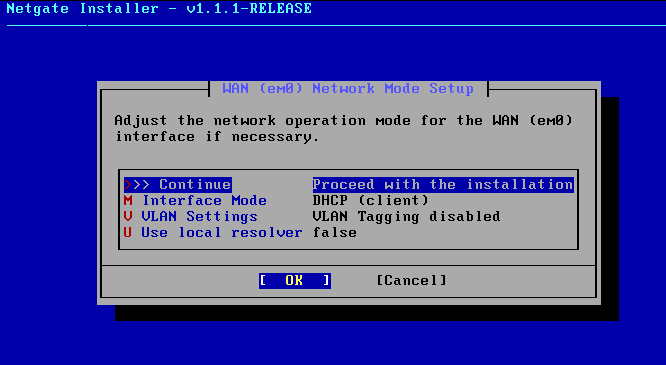 Netgate Installer WAN Network Mode Setup screen showing DHCP client mode selected and VLAN tagging disabled
