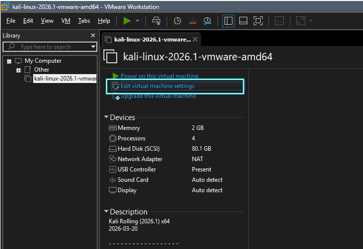 VMware Workstation library showing the Kali VM selected with the Edit virtual machine settings option visible in the main panel