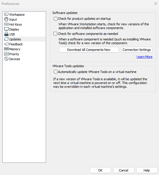 VMware Preferences Updates tab showing product and component update settings