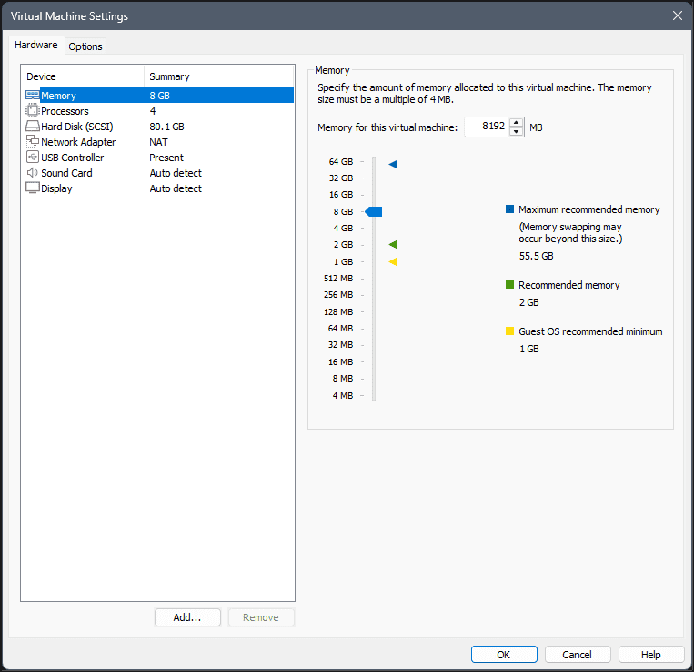 VMware Hardware settings Memory panel for the Kali VM with RAM set to 8192 MB