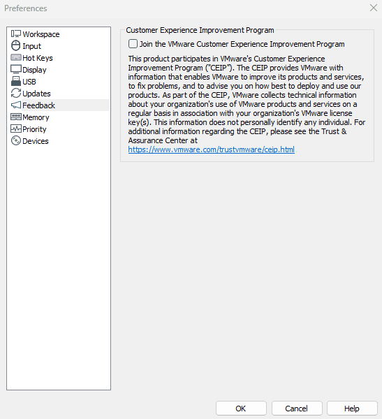 VMware Preferences Feedback tab showing Customer Experience Improvement Program option