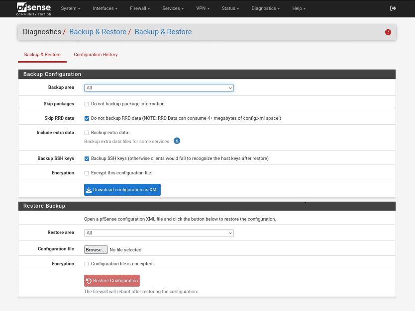 pfSense Diagnostics Backup and Restore page showing the Download configuration as XML button