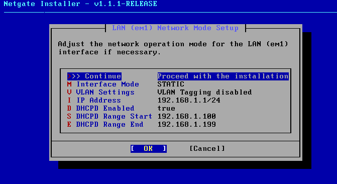 Netgate Installer LAN Network Mode Setup screen showing the default 192.168.1.x IP address fields that need to be changed