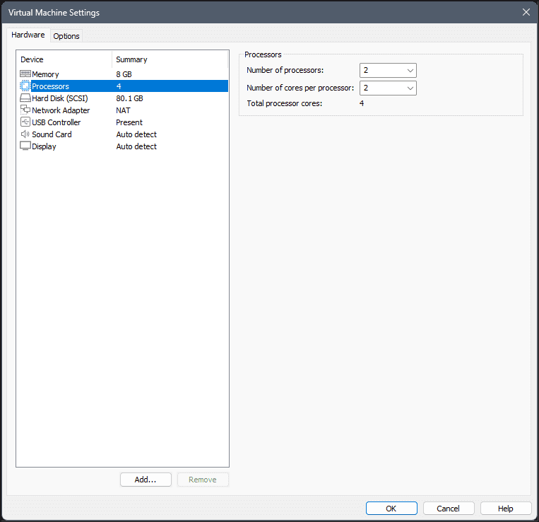 VMware Hardware settings Processors panel for the Kali VM showing core configuration options
