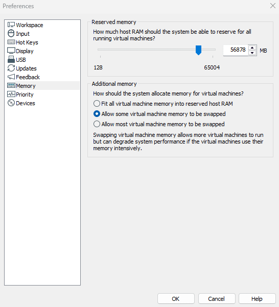 VMware Preferences Memory tab showing reserved memory slider and additional memory options