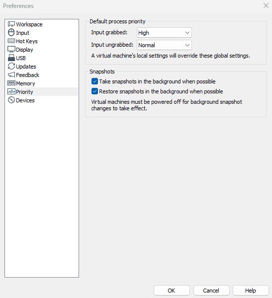 VMware Preferences Priority tab showing input grab and snapshot background settings