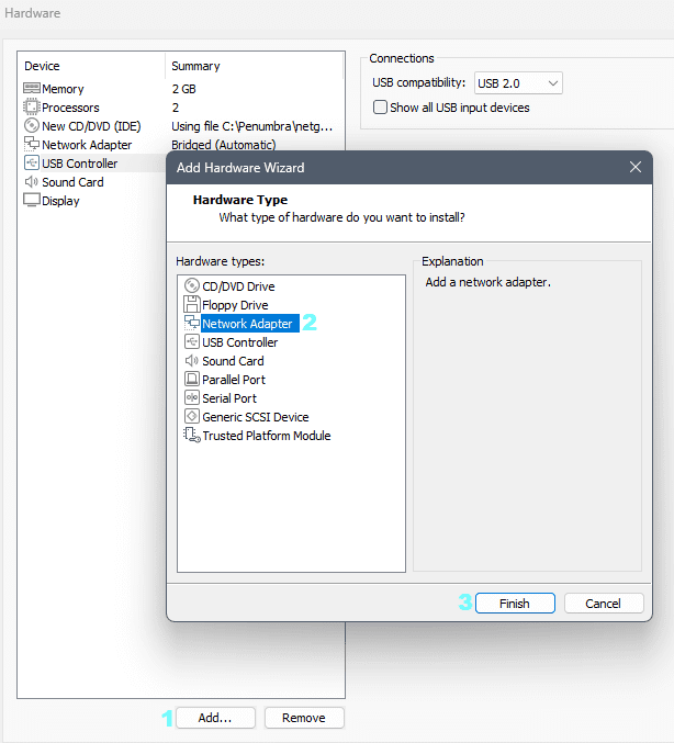 VMware Hardware settings showing the Add Hardware wizard with Network Adapter selected and the list of existing adapters in the left panel