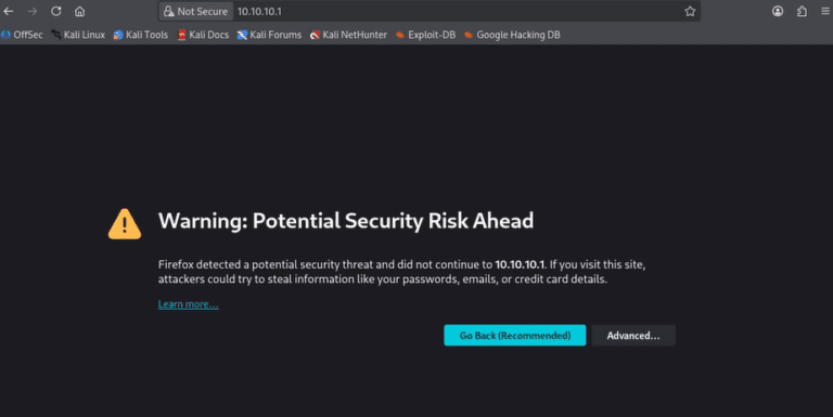 Firefox browser showing a certificate warning for https://10.10.10.1 with the Advanced button visible to proceed past the self-signed certificate error