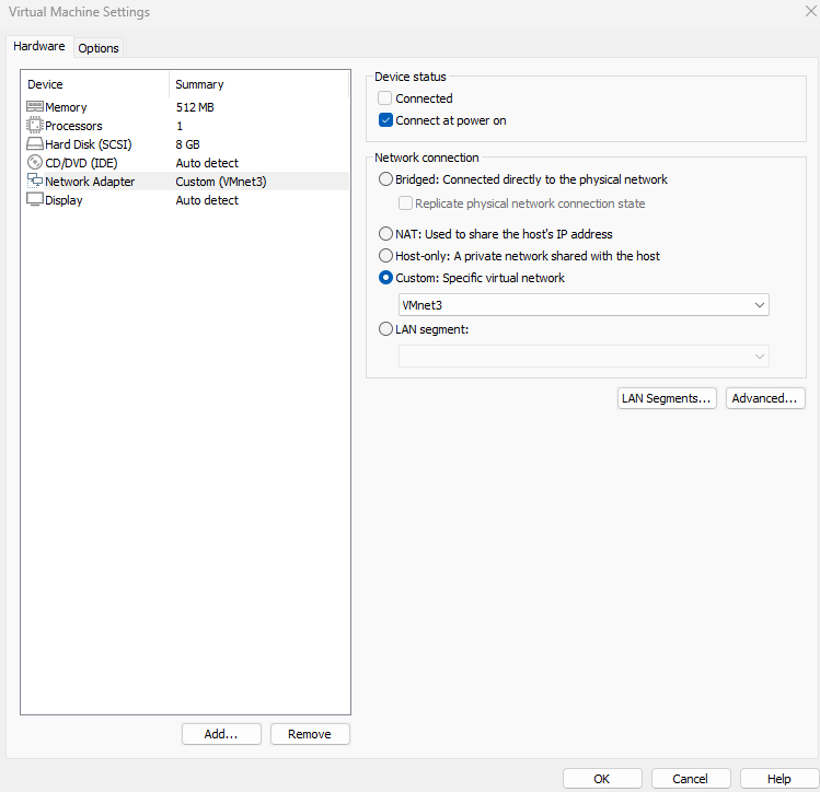 VMware virtual machine settings Network Adapter panel for Metasploitable2 showing Custom: Specific virtual network selected with VMnet3 assigned for placement in the DMZ1 segment