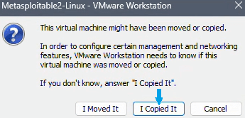 VMware dialog asking whether the virtual machine was moved or copied, with I Copied It selected