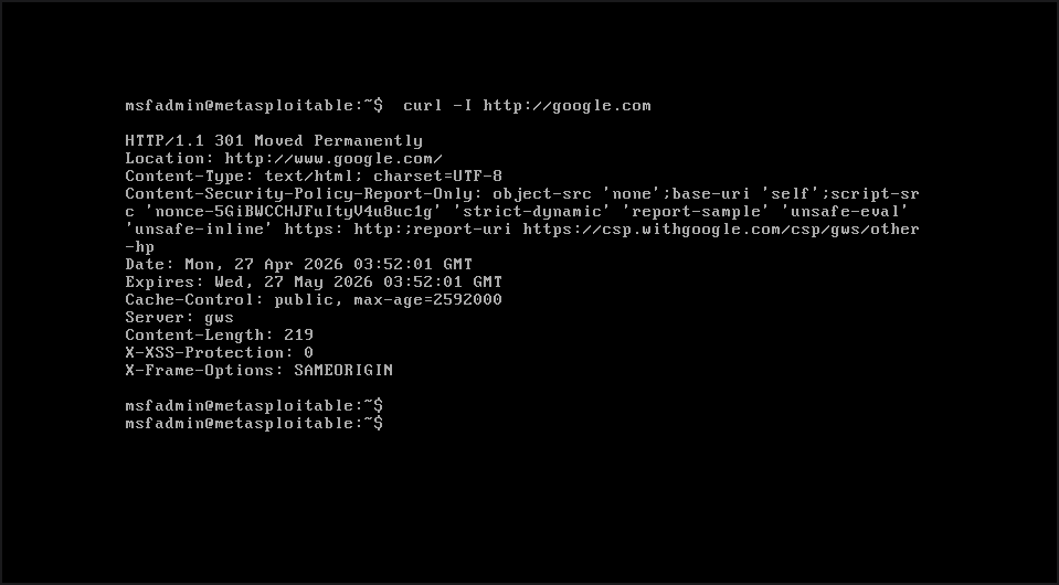 Metasploitable2 console showing the curl -I http://google.com command returning HTTP response headers confirming the DMZ1 Allow HTTP/HTTPS rule is working and internet access is available
