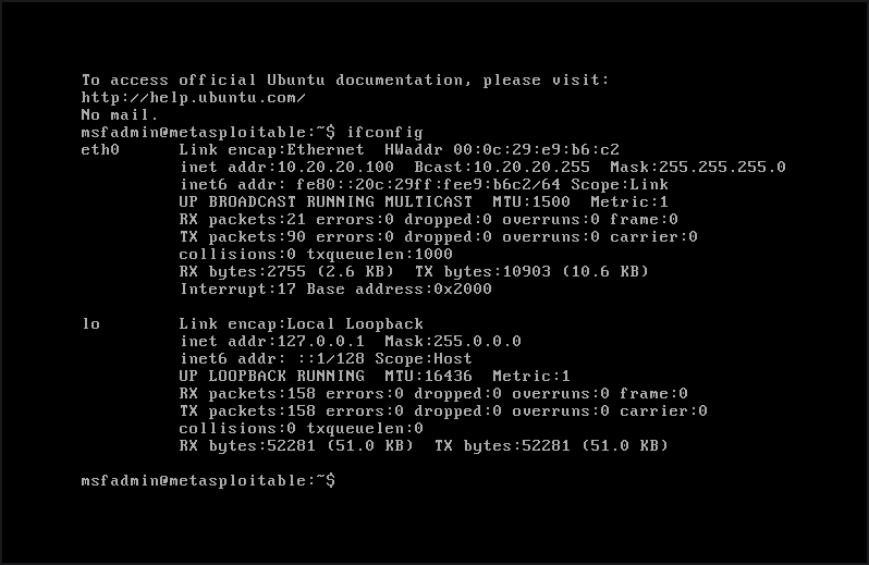 Metasploitable2 console showing the ifconfig command output with eth0 assigned an IP address in the 10.20.20.100 to 200 range from pfSense's DMZ1 DHCP server