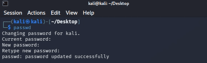 Kali terminal showing the passwd command prompt asking for the current password followed by fields to enter and confirm a new password