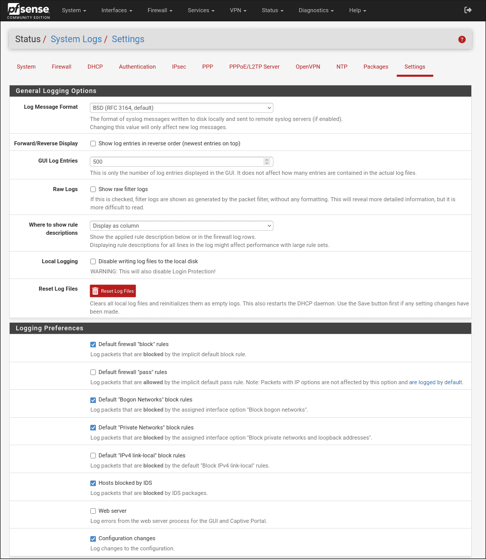 pfSense System Logs Settings tab showing the Log firewall default blocks and Log packets matched from default pass rules checkboxes and the GUI Log Entries to Display field
