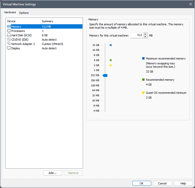 VMware virtual machine settings panel for Metasploitable2 showing the hardware components listed on the left including Memory, Processors, and Network Adapter