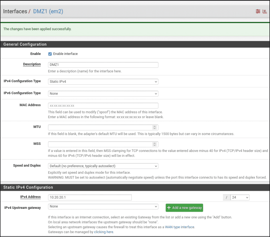 pfSense OPT1 interface configuration page showing Enable interface checked, Description field set to DMZ1, IPv4 Configuration Type set to Static IPv4, and IPv4 address set to 10.20.20.1 with a /24 subnet