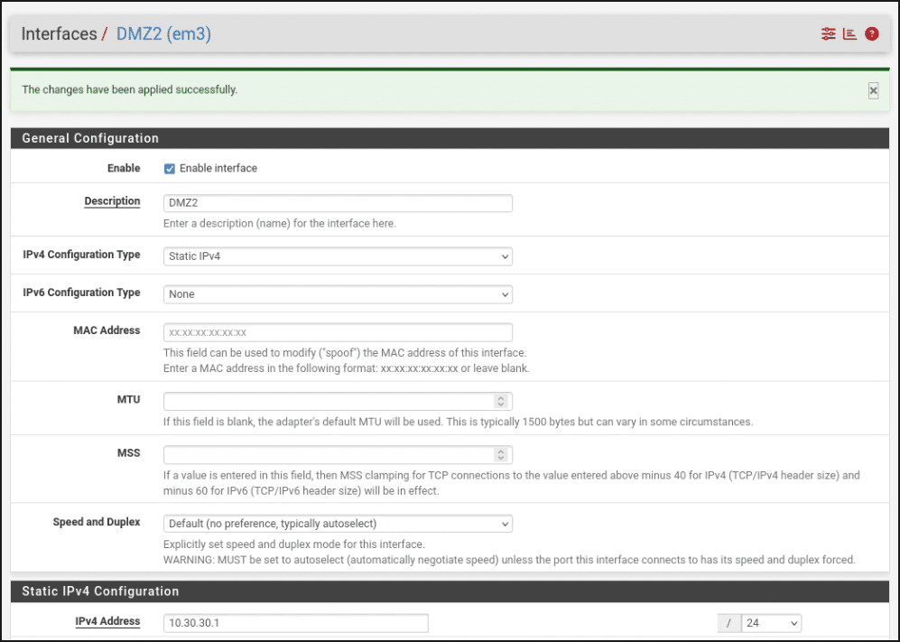 pfSense OPT2 interface configuration page showing Enable interface checked, Description field set to DMZ2, and IPv4 address set to 10.30.30.1 with a /24 subnet
