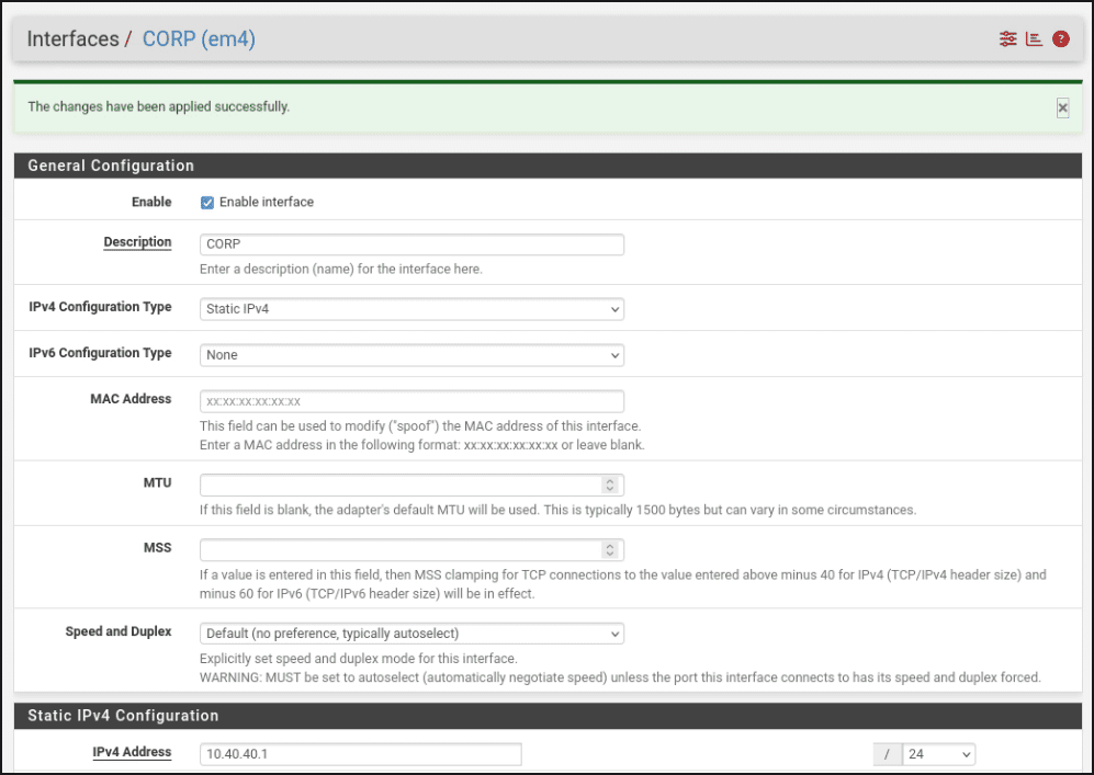 pfSense OPT3 interface configuration page showing Enable interface checked, Description field set to CORP, and IPv4 address set to 10.40.40.1 with a /24 subnet