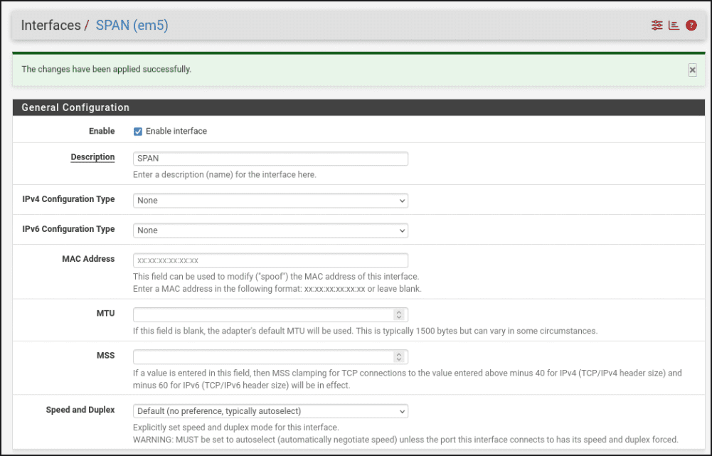 pfSense OPT4 interface configuration page showing Enable interface checked, Description field set to SPAN, and IPv4 Configuration Type set to None with no IP address assigned