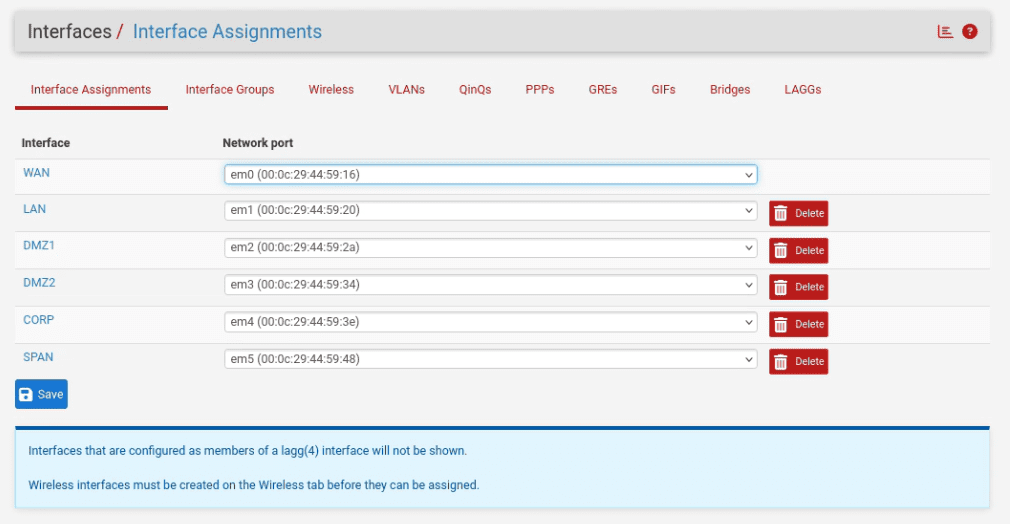 pfSense Interfaces Assignments page showing all six interfaces configured: WAN on em0, LAN on em1 at 10.10.10.1/24, DMZ1 on em2 at 10.20.20.1/24, DMZ2 on em3 at 10.30.30.1/24, CORP on em4 at 10.40.40.1/24, and SPAN on em5 with no IP