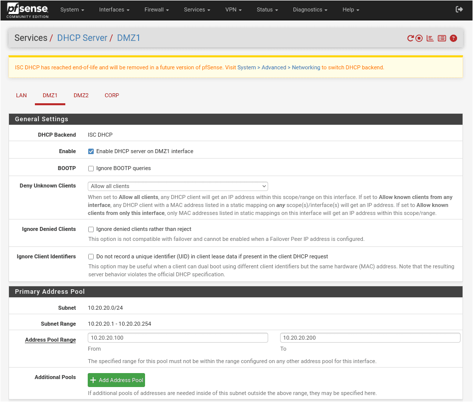 pfSense DHCP Server DMZ1 tab showing the Enable DHCP server checkbox checked and the range From field set to 10.20.20.100 and To field set to 10.20.20.200