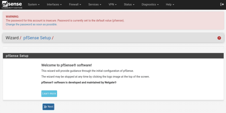 pfSense web interface dashboard shown after successful login from Kali, displaying network status and interface information