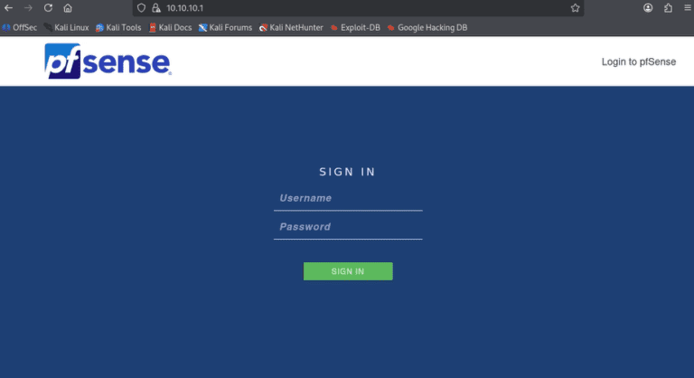 pfSense login screen displaying the username and password fields after accepting the certificate warning in the Kali browser