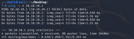 Kali terminal showing the output of ping -c 4 10.10.10.1 with four successful replies from the pfSense LAN interface
