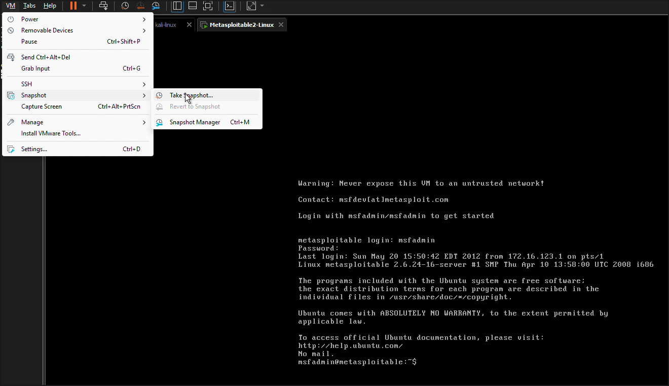 VMware Snapshot dialog with the name field set to clean-first-login and the Take Snapshot button visible