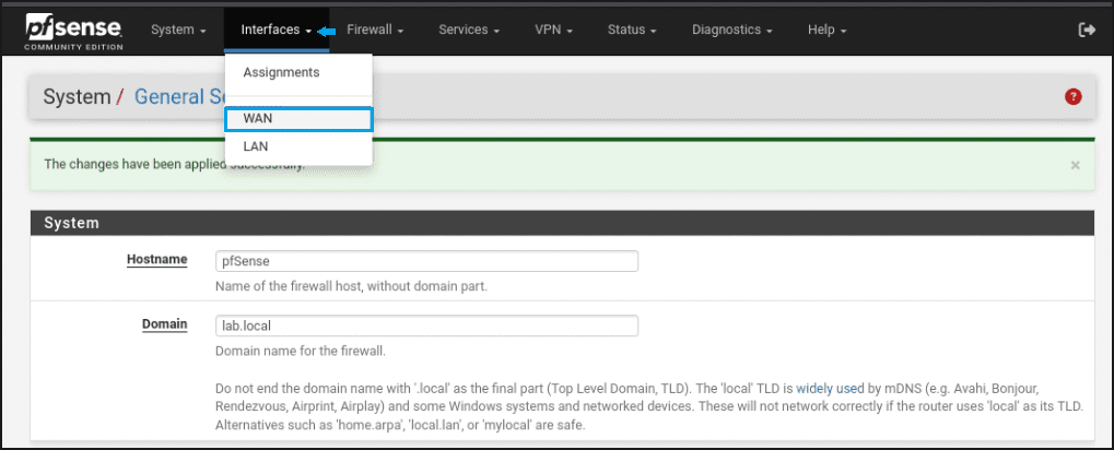 pfSense WAN interface configuration page with Block RFC1918 Private Networks unchecked and Block bogon networks checked