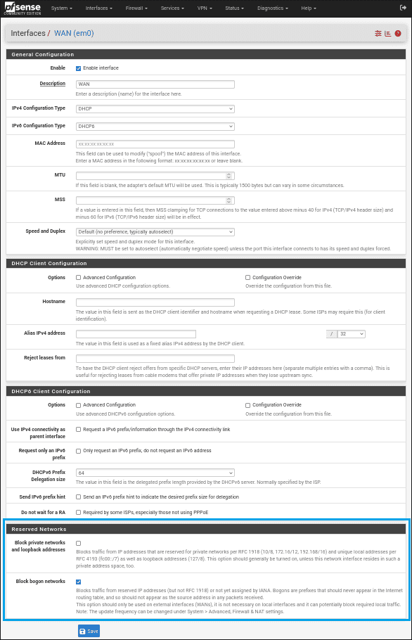 pfSense WAN interface configuration page with Block RFC1918 Private Networks unchecked and Block bogon networks checked