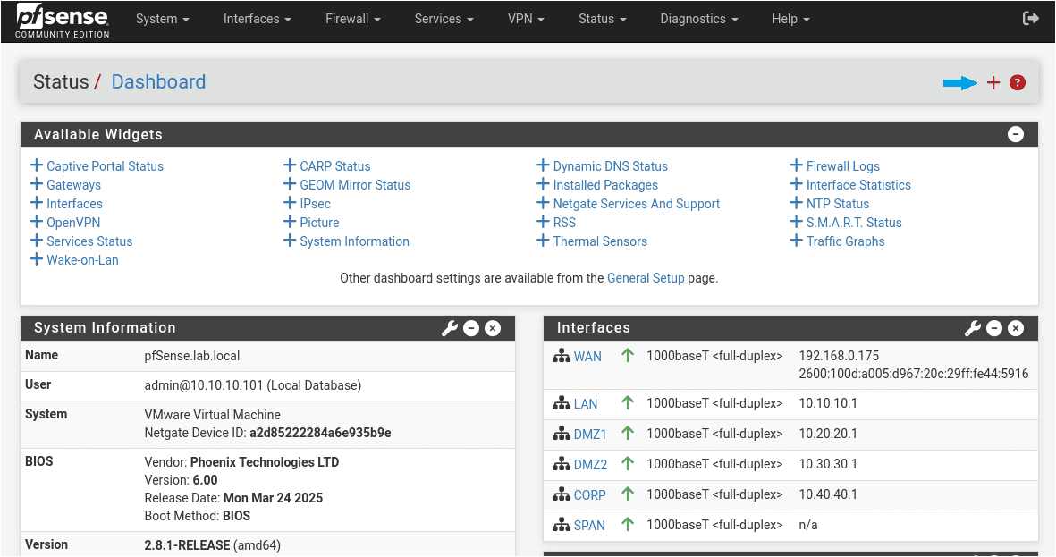pfSense Dashboard showing the System Information, Interfaces, Firewall Logs, and Services panels after initial configuration is complete