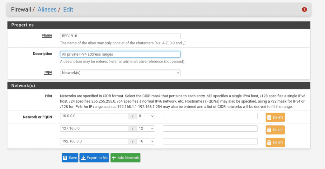 pfSense Firewall Aliases Add page showing the RFC1918 alias with Type set to Networks and three private IP ranges entered: 10.0.0.0/8, 172.16.0.0/12, and 192.168.0.0/16