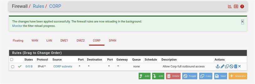 pfSense Firewall Rules CORP tab showing a single Pass rule allowing all outbound traffic from CORP net to any destination