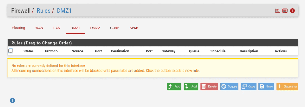 pfSense Firewall Rules DMZ1 tab showing an empty rule set before any rules have been added