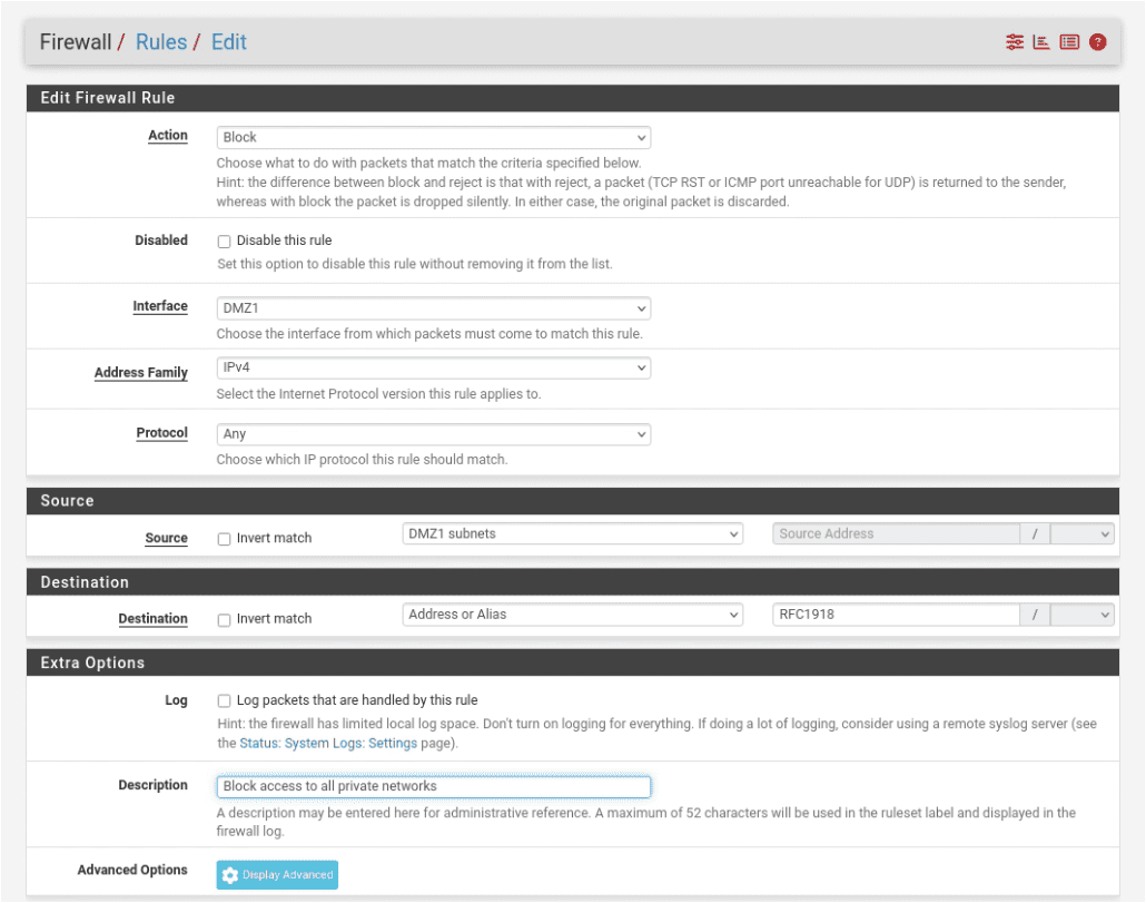pfSense Firewall Rules DMZ1 tab showing the Block RFC1918 rule added to the bottom of the list