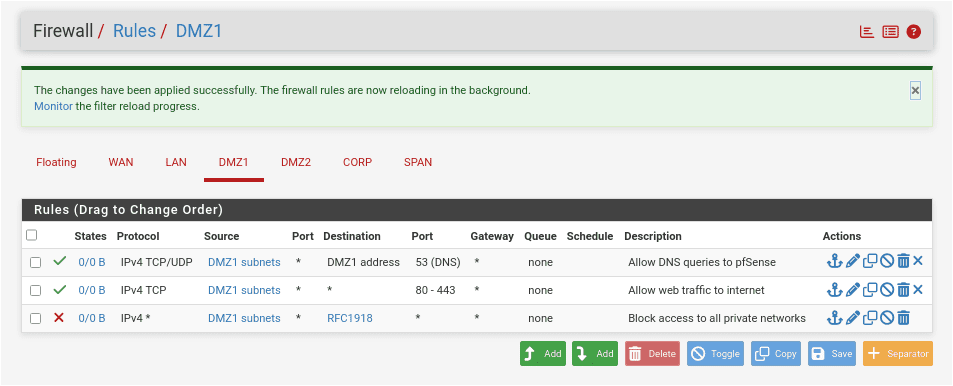 pfSense Firewall Rules DMZ1 tab showing three rules in the correct order: Allow DNS to pfSense on port 53 at the top, Allow HTTP and HTTPS to any in the middle, and Block RFC1918 at the bottom