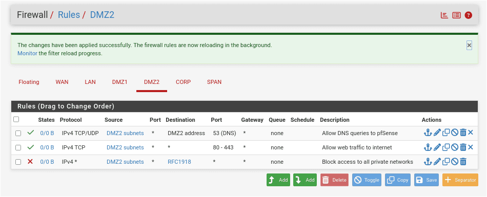 pfSense Firewall Rules DMZ2 tab showing three rules in the correct order: Allow DNS to pfSense on port 53 at the top, Allow HTTP and HTTPS to any in the middle, and Block RFC1918 at the bottom