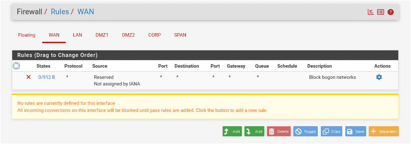 pfSense Firewall Rules WAN tab showing the Block Bogon Networks rule