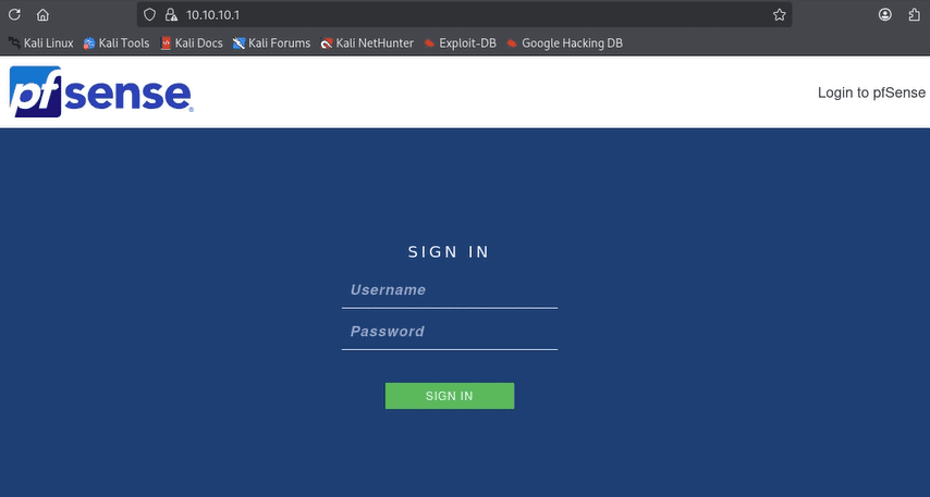 pfSense login screen in Firefox on Kali showing the username and password fields at https://10.10.10.1