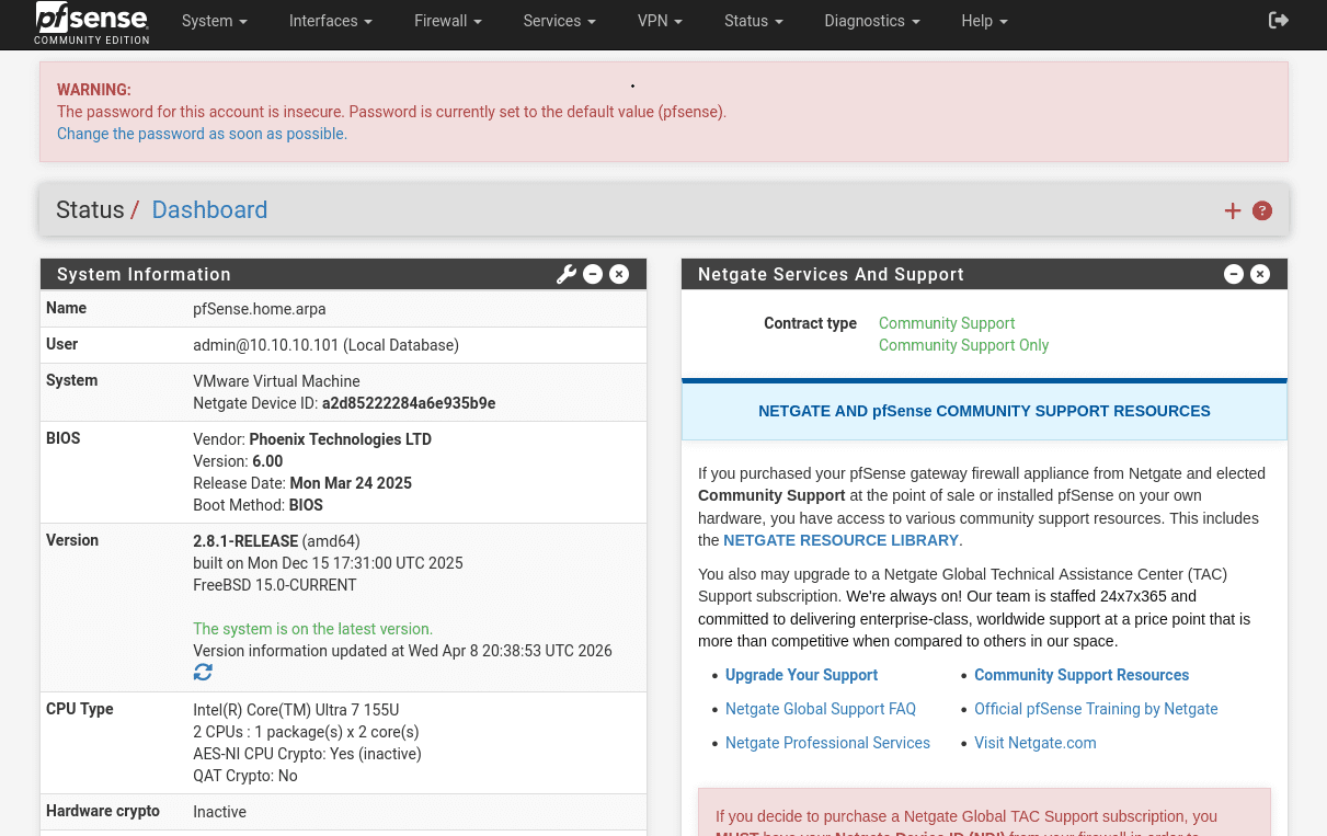 pfSense Dashboard immediately after first login showing the red warning banner prompting the admin to change the default password