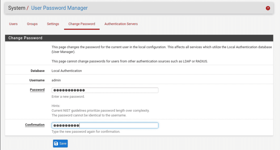 pfSense user password change page with the new password field and confirmation field visible