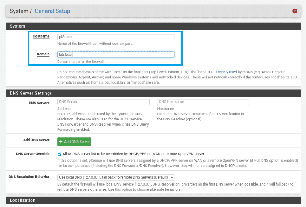 pfSense System General Setup page with the Hostname field set to pfsense and the Domain field set to lab.local