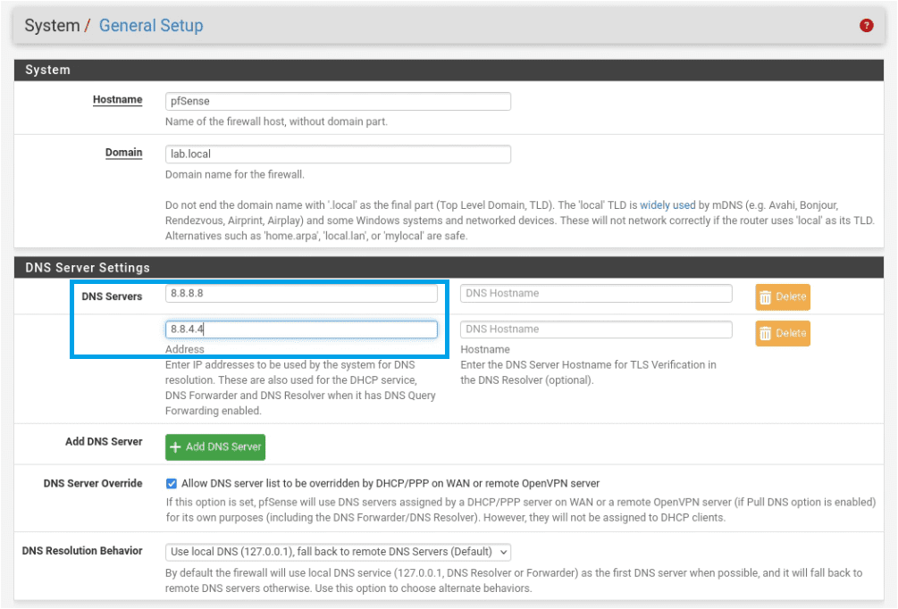 pfSense DNS Server Settings section showing DNS Server 1 set to 8.8.8.8, DNS Server 2 set to 8.8.4.4, and DNS Server Override unchecked