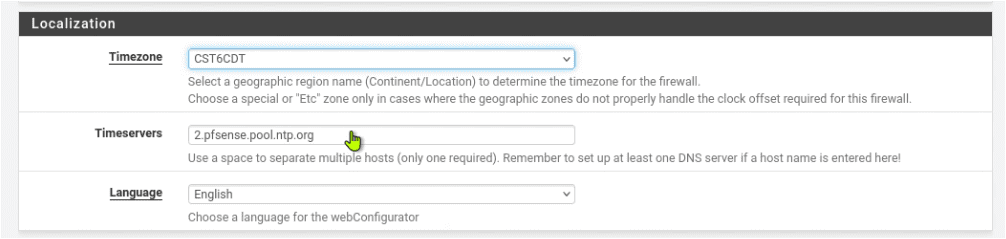 pfSense Localization section showing the Timezone dropdown with a timezone selected and the Timeservers field set to pool.ntp.org
