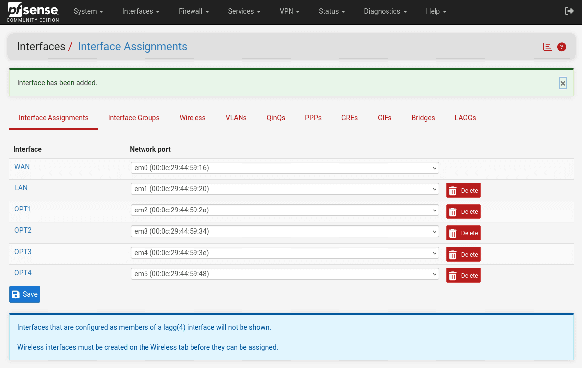 pfSense Interfaces Assignments page showing WAN and LAN, and OPT1 through OPT4 assigned