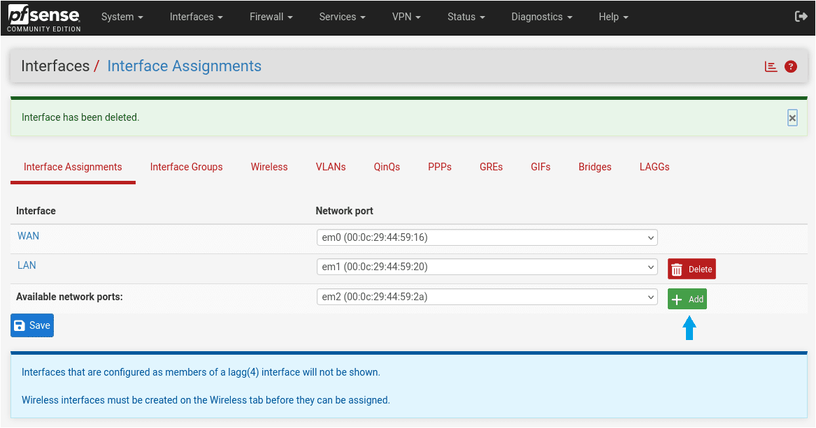 pfSense Interfaces Assignments page showing WAN and LAN already configured with OPT1 through OPT4 not yet assigned